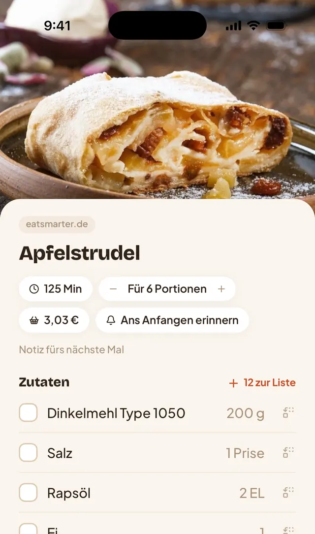 Appetit auf dem iPhone: ein Apfelstrudel von EAT SMARTER als eine saubere Karte, mit Zeit, Portionen, Einkaufskosten und Zutaten