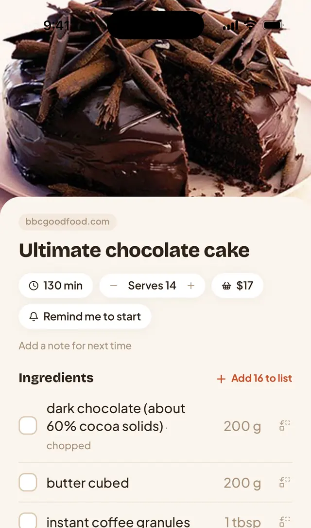 Appetit on iPhone: a chocolate cake recipe from BBC Good Food as one clean card, with time, servings, grocery cost and ingredients