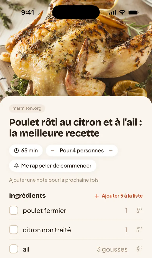 Appetit sur iPhone : un poulet rôti de Marmiton en une fiche nette, avec le temps, les portions et les ingrédients