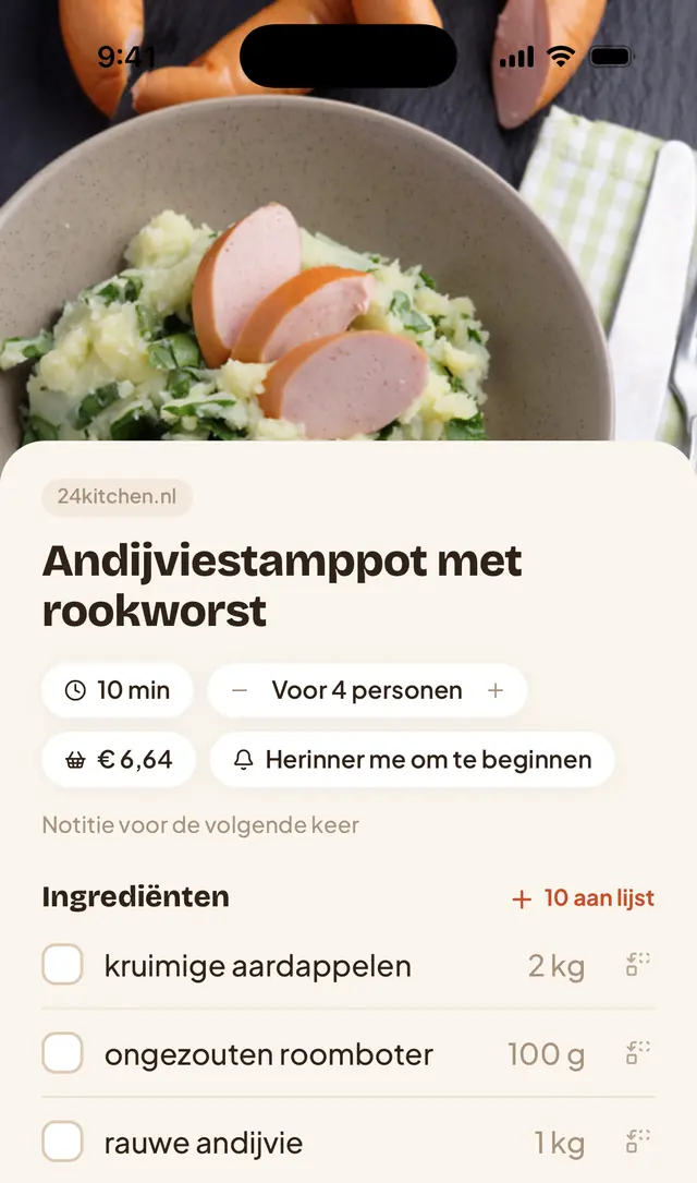 Appetit op iPhone: andijviestamppot met rookworst van 24Kitchen als één strakke kaart, met tijd, personen, boodschappenkosten en ingrediënten