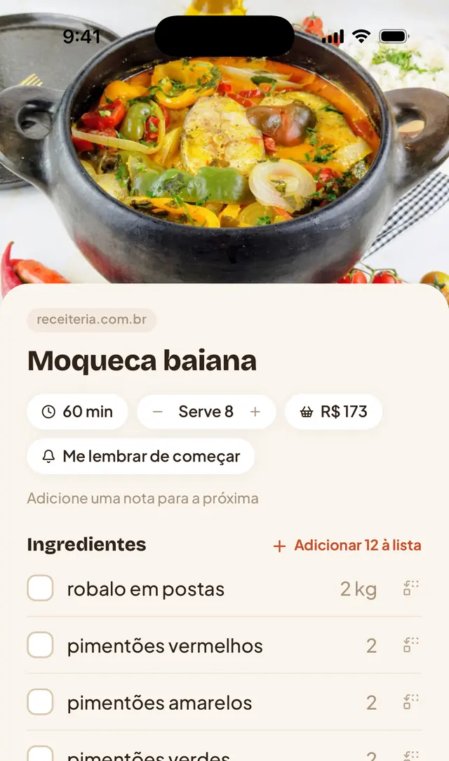 Appetit no iPhone: uma moqueca baiana da Receiteria como um card limpo, com tempo, porções, custo no mercado e ingredientes